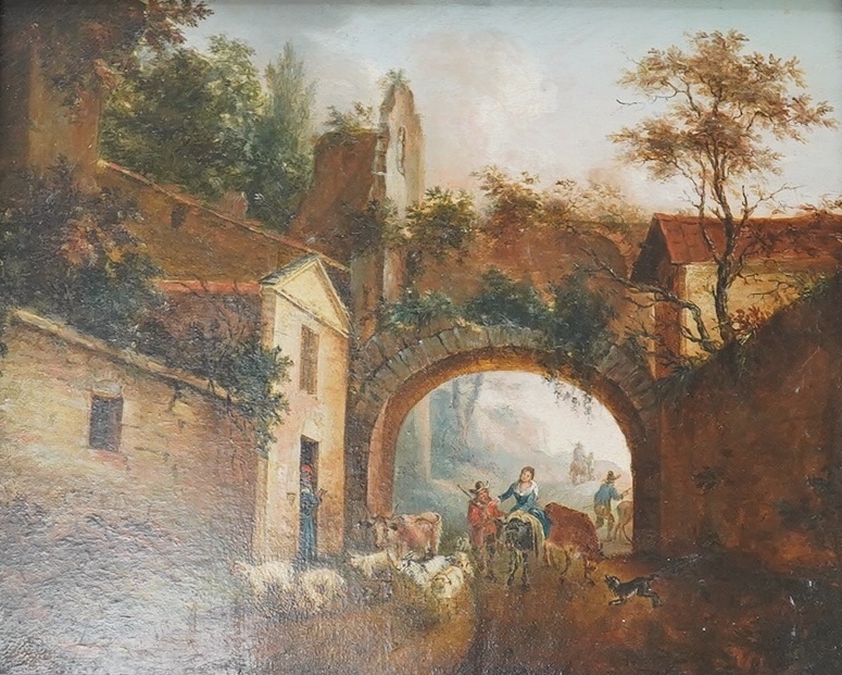 18th/19th century, Continental school, oil on panel, Street scene with figures herding animals, unsigned, 18 x 22cm, housed in a carved wood frame. Condition - good